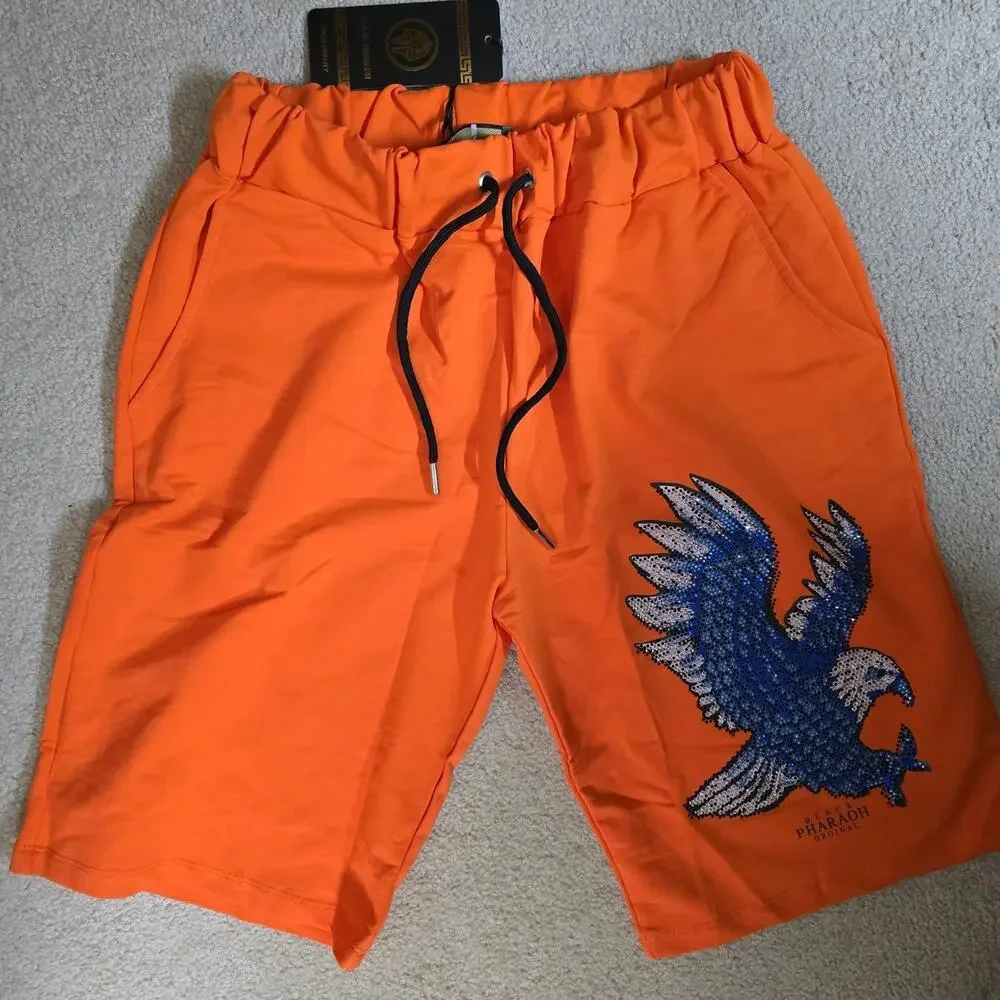 Black Pharaoh Men's L Orange Rhinestone Eagle Sweat Shorts Streetwear NWT NEW